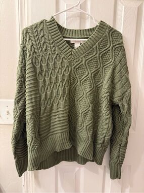 Natural Reflections Olive Green Mixed Cable V-Neck Sweater